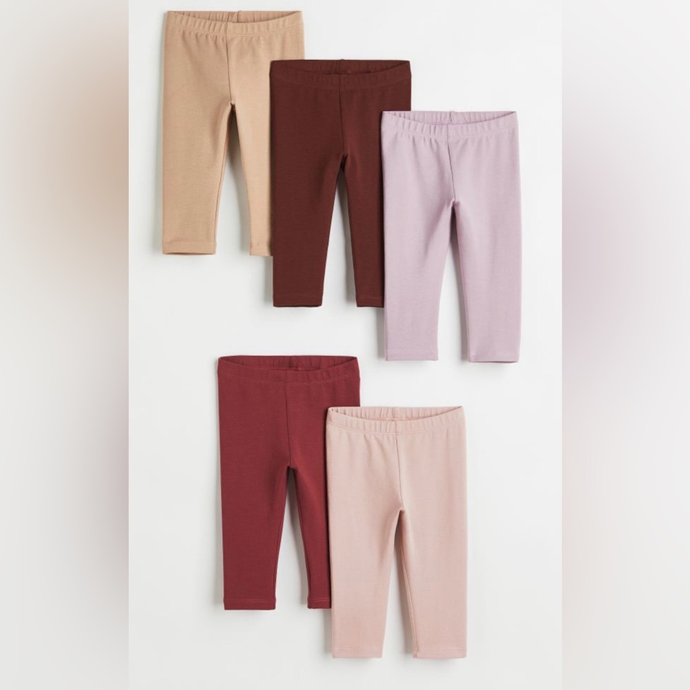 H&M New 2t 5 Pairs Cotton Leggings, Tan Pink Purple Maroon